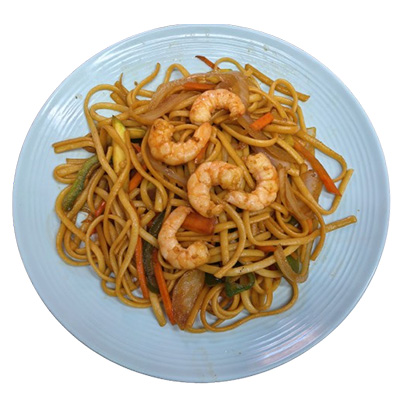 Tallarines fritos con gambas