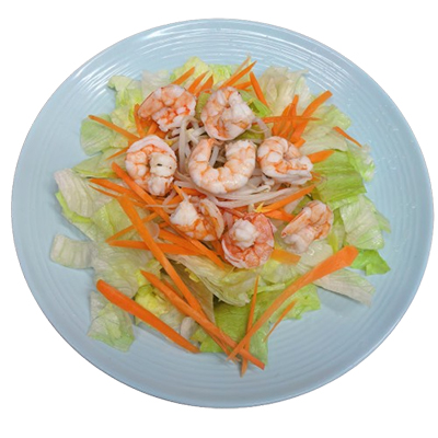 Ensalada de lechuga con habas de soja y gambas